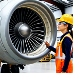 **

A fully clothed, professional female aircraft maintenance engineer inspecting a jet engine in a brightly lit hangar. She is wearing appropriate safety gear (hard hat, safety glasses, work overalls). The scene emphasizes the complexity of the engine and her focused attention. Perfect anatomy, correct proportions, well-formed hands, proper finger count, natural pose. Safe for work, appropriate content, fully clothed, professional.

**