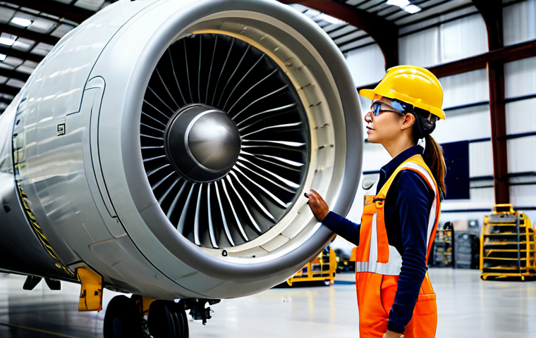 **

A fully clothed, professional female aircraft maintenance engineer inspecting a jet engine in a brightly lit hangar. She is wearing appropriate safety gear (hard hat, safety glasses, work overalls). The scene emphasizes the complexity of the engine and her focused attention. Perfect anatomy, correct proportions, well-formed hands, proper finger count, natural pose. Safe for work, appropriate content, fully clothed, professional.

**