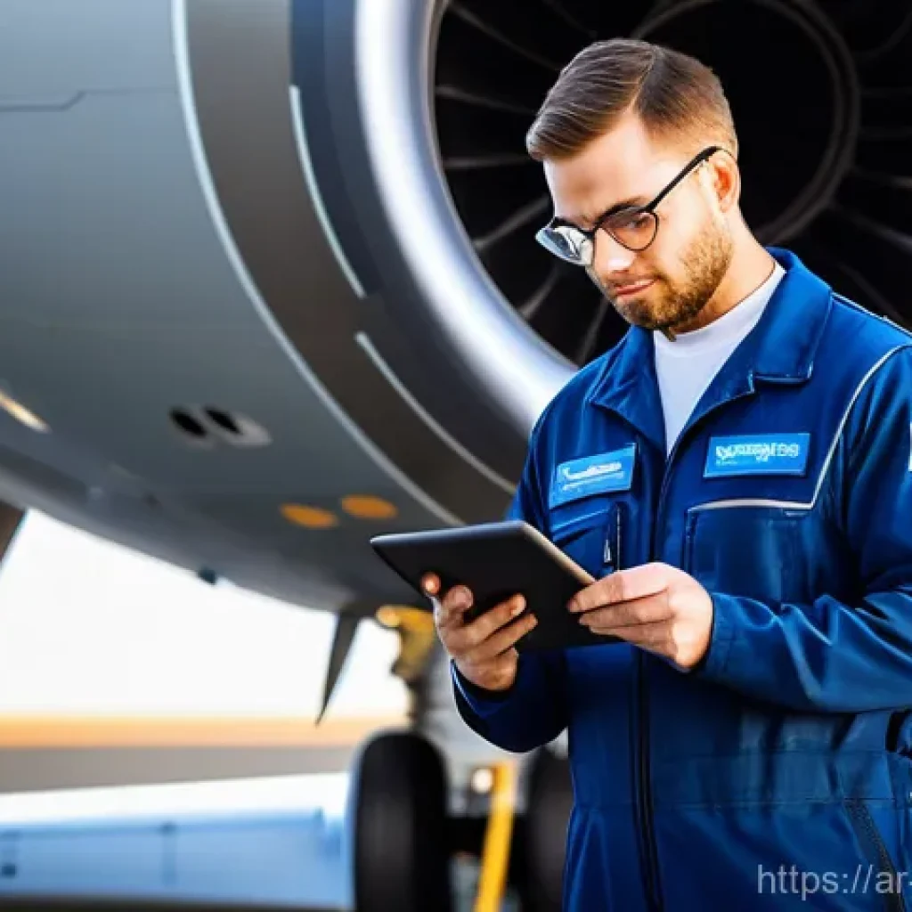 항공정비사 초봉과 상승 가능성 - **Prompt:** A highly skilled male aircraft maintenance technician, aged 30-40, is meticulously inspe...