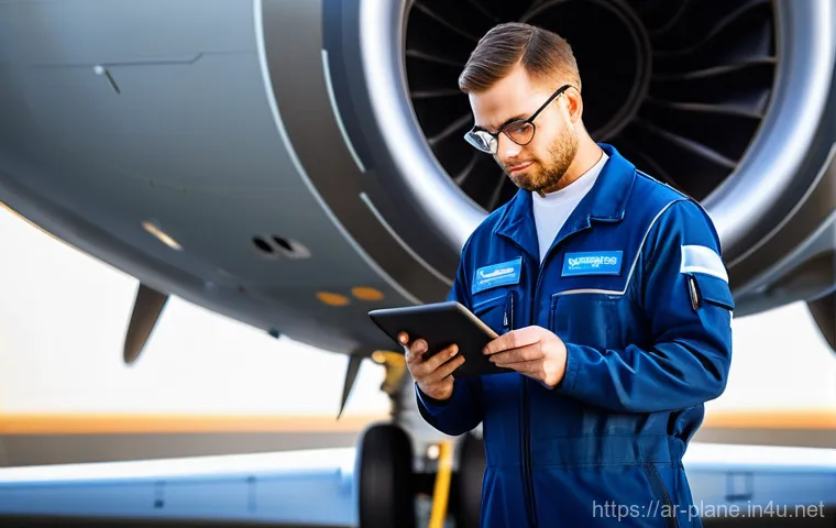 항공정비사 초봉과 상승 가능성 - **Prompt:** A highly skilled male aircraft maintenance technician, aged 30-40, is meticulously inspe...
