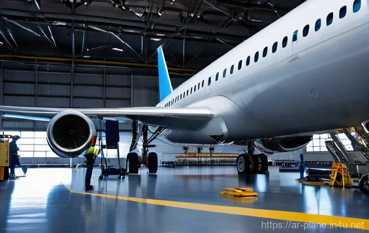 항공정비사와 항공기 중정비 사례 - **Prompt:** A diverse team of professional aircraft maintenance technicians, both male and female, d...