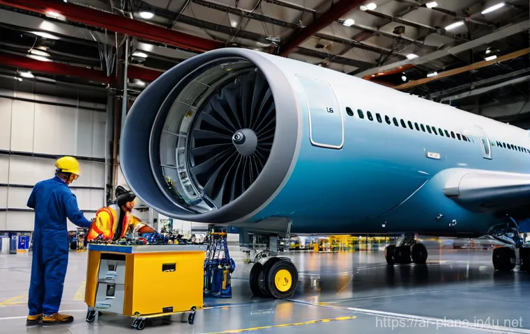 항공정비사와 항공기 중정비 사례 - **Prompt:** A diverse team of professional aircraft maintenance technicians, both male and female, d...