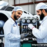 항공정비 실무에서의 의사소통 기술 - A professional aircraft maintenance workshop scene featuring a diverse team of Arab technicians wear...