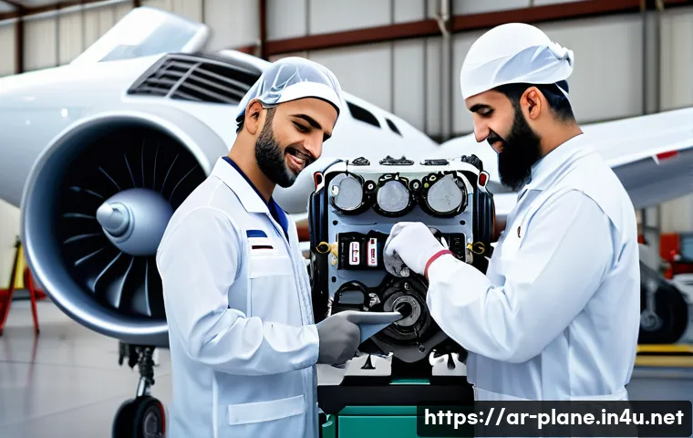 항공정비 실무에서의 의사소통 기술 - A professional aircraft maintenance workshop scene featuring a diverse team of Arab technicians wear...