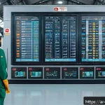 항공정비사와 비상 탈출 장치 점검 - A highly detailed, modern aircraft maintenance hangar scene focused on engineers using advanced infr...