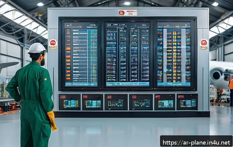 항공정비사와 비상 탈출 장치 점검 - A highly detailed, modern aircraft maintenance hangar scene focused on engineers using advanced infr...