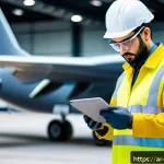 항공정비사와 항공기 기체 유지보수 - A skilled aircraft maintenance technician in a modern hangar, wearing a neat uniform and safety gear...