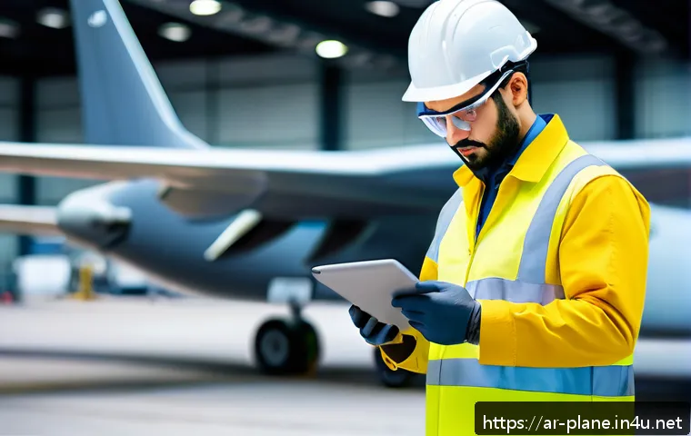 항공정비사와 항공기 기체 유지보수 - A skilled aircraft maintenance technician in a modern hangar, wearing a neat uniform and safety gear...
