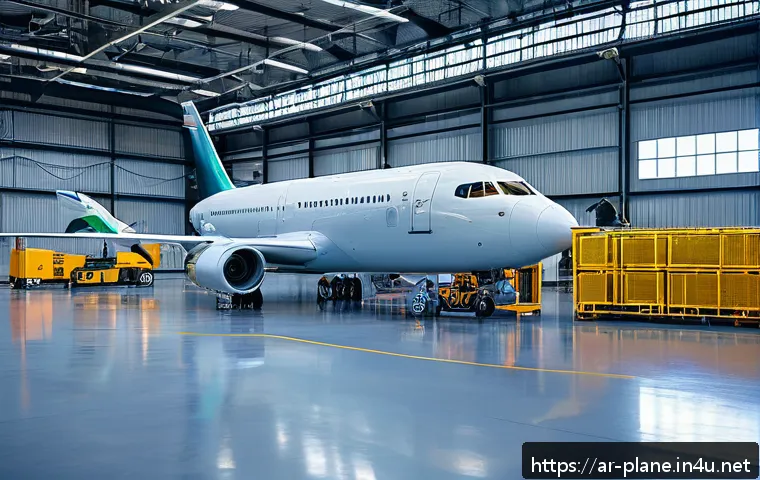 항공정비사와 기체 손상 복구 - A high-tech aircraft maintenance hangar featuring engineers using advanced ultrasonic imaging equipm...