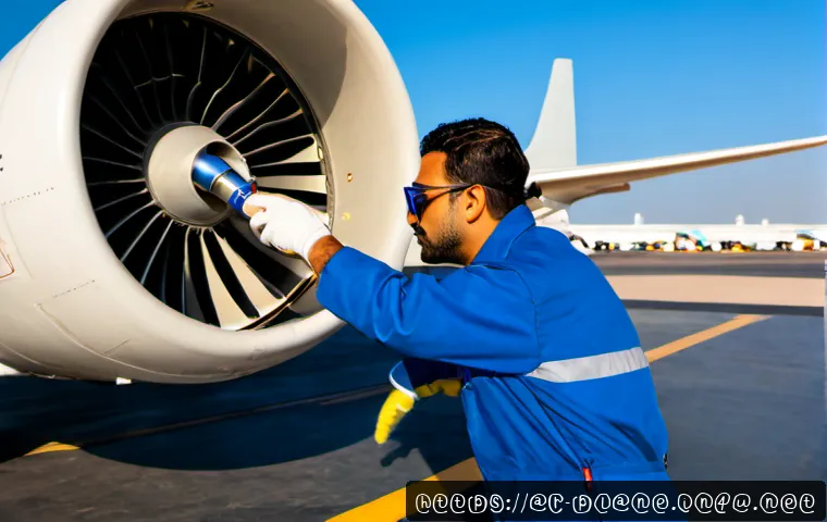 Home 17 항공정비사와 환경 규제 - Photorealistic aircraft maintenance technician of Arab appearance wearing clean safety coveralls, gl...