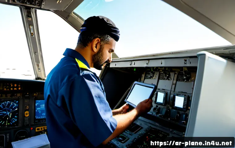 Home 17 항공정비사와 항공기 전자 장치 점검 - Photorealistic Arab aircraft maintenance technician in a modest high-visibility uniform inspecting a...