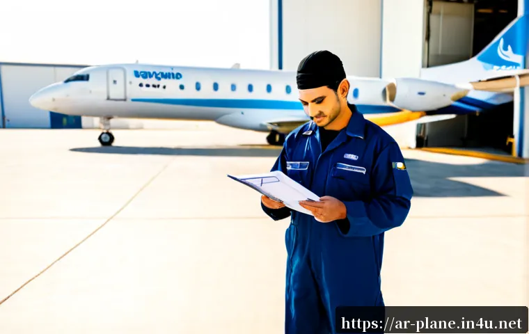 항공정비사 자격증 갱신 절차 - Photorealistic Middle Eastern aircraft maintenance technician in clean navy coveralls reviewing a bl...