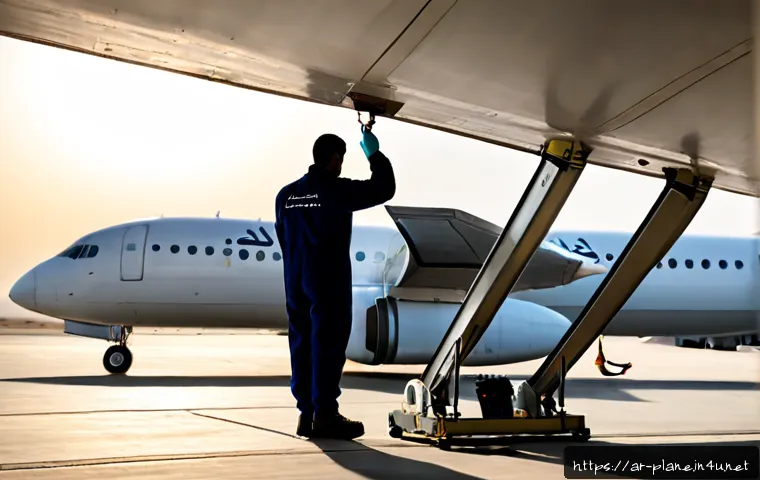 항공정비사와 항공기 안전 점검 - Photorealistic aircraft maintenance technician in clean professional coveralls performing a close sa...